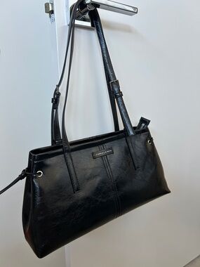 Charles & Keith Black Patent Noane Elongated-Handle Shoulder Bag - Noir NWT